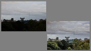 A underexposed image and HDR image of a building behind trees