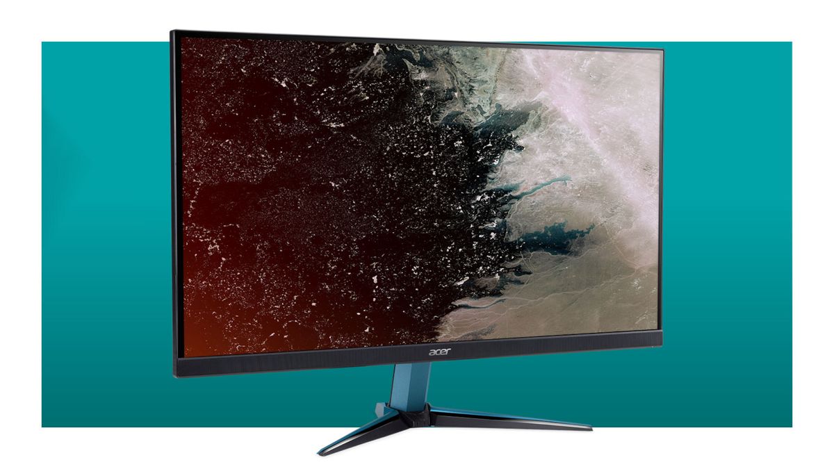 An image of an Acer gaming monitor against a teal background with a white border