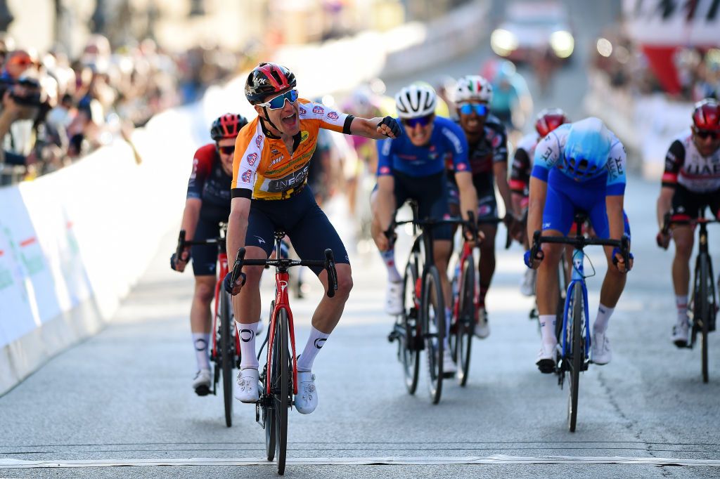 LONGIANO ITALY MARCH 23 Ethan Hayter of United Kingdom and Team INEOS Grenadiers yellow best young jersey celebrates winning during the 36th Settimana Internazionale Coppi e Bartali 2022 Stage 2 a 1659km stage from Riccione to Longiano 156m CoppieBartali on March 23 2022 in Longiano Italy Photo by Dario BelingheriGetty Images