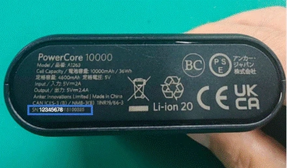 The base on an Anker PowerCore 10000 battery showing the model number