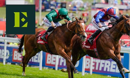 Derby logo top left with a picture of two men riding horses