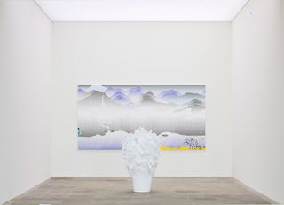 Untitled, 2019, by Maurizio Cattelan, and Landscape with Scholar’s Rock, 1996, by Roy Lichtenstein