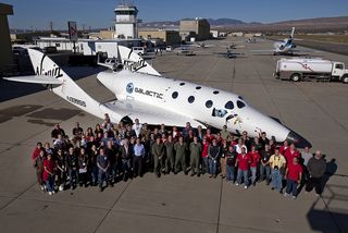 VSS Enterprise and a very proud team in Mojave, following the first drop and glide test of SpaceShipTwo on Oct. 10, 2010.
