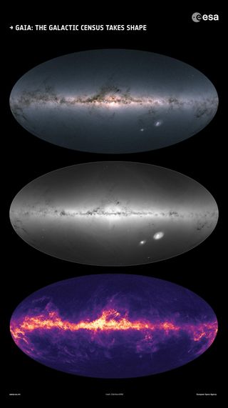 The Gaia spacecraft gathered observations for this all-sky view of the Milky Way and neighboring galaxies between July 2014 and May 2016, releasing the data on April 25, 2018. This image shows all the stars' colors and brightness (top), the total density of stars (middle) and the distribution of interstellar gas and dust across the galaxy (bottom).