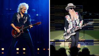 Left-Brian May of Queen + Adam Lambert performs on stage at Pepsi Live at Rogers Arena on July 2, 2017 in Vancouver, Canada; Right-Billy Gibbons of ZZ Top performs at Toyota Pavilion at Concord on September 19, 2024 in Concord, California