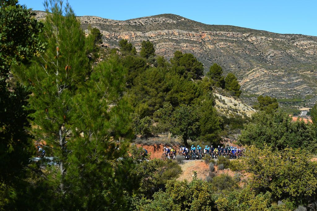 TORRENT SPAIN FEBRUARY 03 A general view of the peloton competing during the 73rd Volta A La Comunitat Valenciana 2022 Stage 2 a 1715km stage from Btera to Torrent VCV2022 on February 03 2022 in Torrent Spain Photo by Dario BelingheriGetty Images