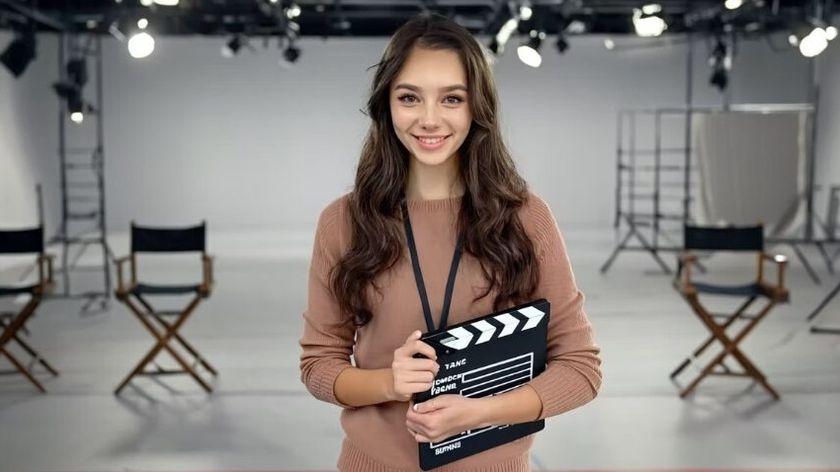 AI actress Tilly Norwood holds a movie clapperboard on a fake set.