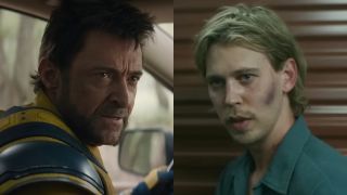 Wolverine (Hugh Jackman) speaks to Deadpool in Deadpool & Wolverine, while Hank Thompson (Austin Butler) looks ahead in Caught Stealing