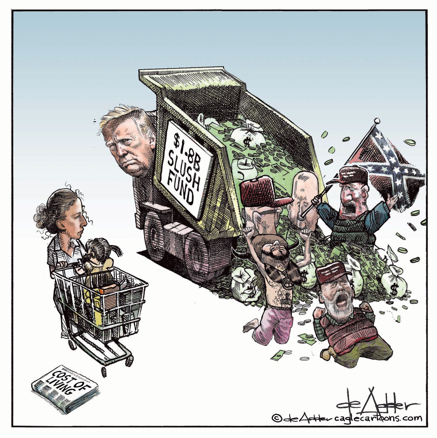 
                                Donald Trump drives a garbage truck labeled “$1.8B slush fund”. He empties its contents, which include rioters, the Q-Anon shaman, and a man carrying a confederate flag. A woman is nearby with a grocery cart and her child in it. She’s next to a newspaper with a headline on the increasing cost of living.
                            