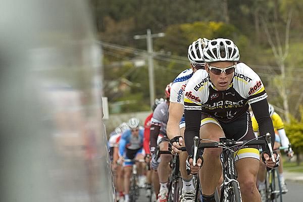 Malcolm Rudolph (Budget Forklifts) leads the peloton down the home straight during the 28.5km stage three criterium.