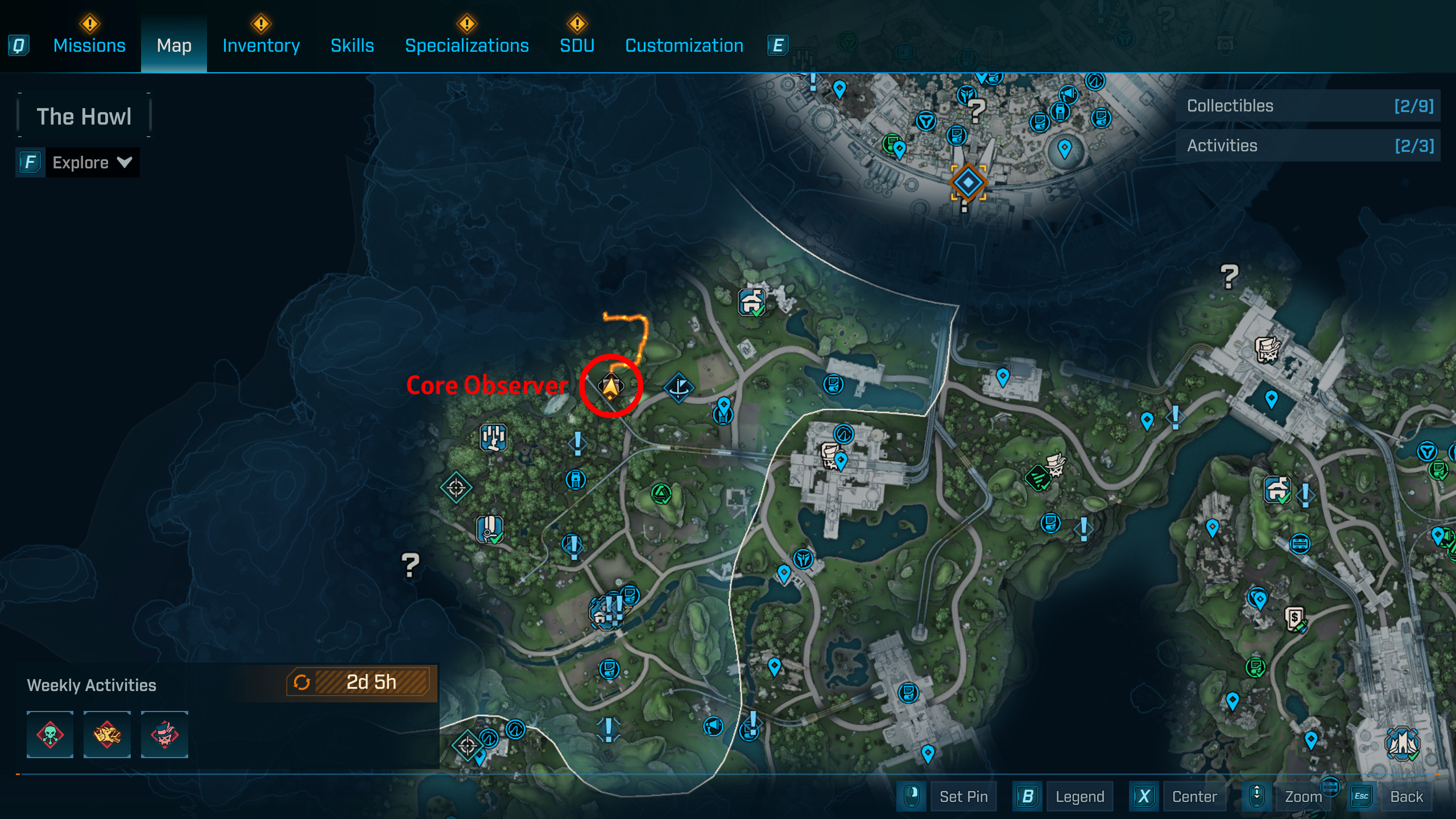 Borderlands 4 UVHM unlocks: A map with a red circle showing the location of the Core Observer boss in Fadefields.