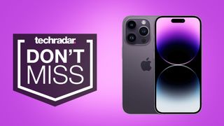 Apple iPhone 14 Pro on purple background with 'don't miss' text overlay