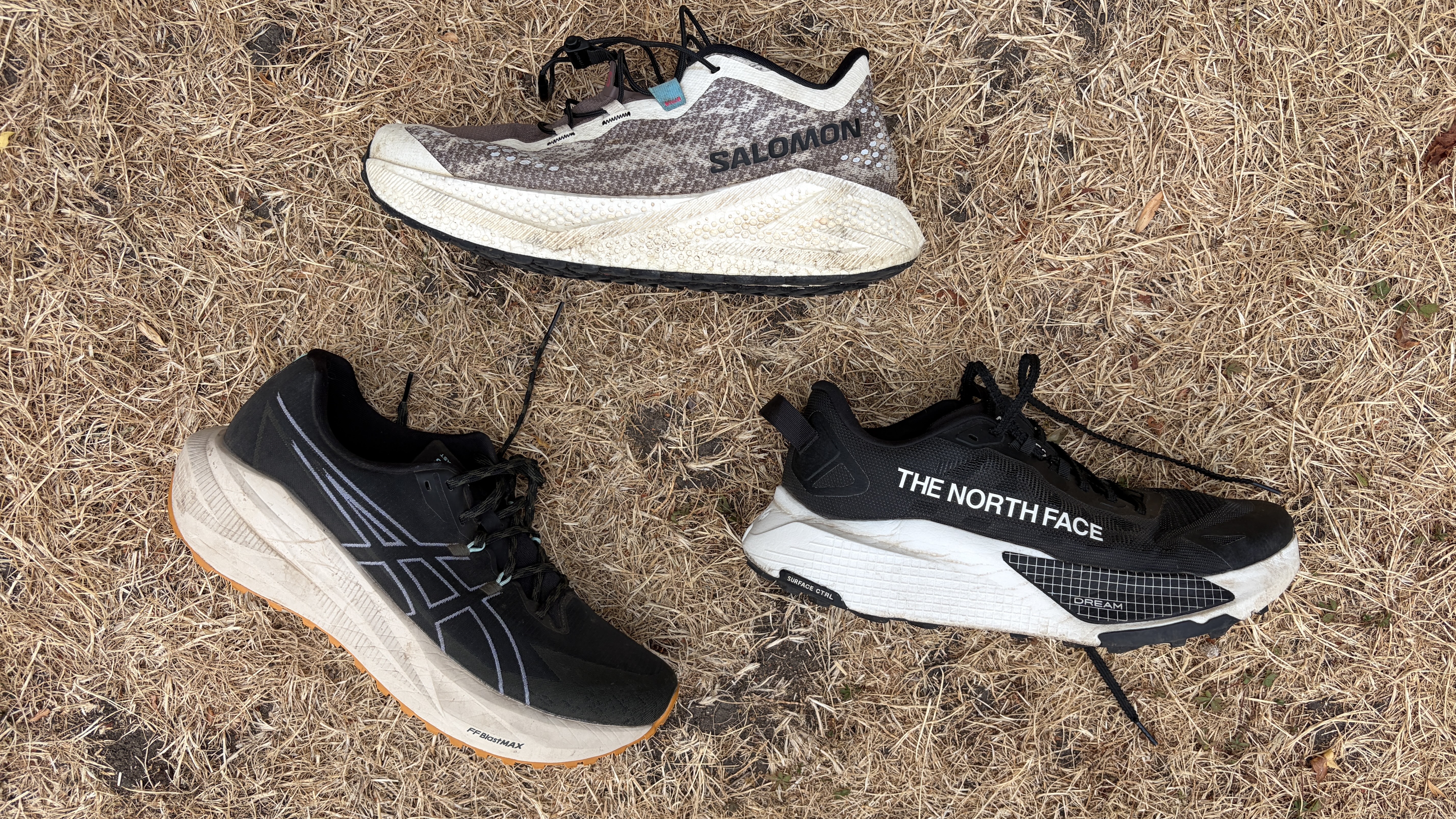 Salomon Aero Glide 4 GRVL, Asics Blazeblast and The North Face Altamesa 500 v2 running shoes