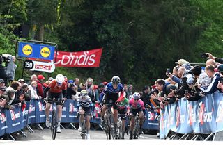 HUY, BELGIUM - APRIL 23: (L-R) Race winner Puck Pieterse of Netherlands and Team Fenix-Deceuninck and Demi Vollering of Netherlands and Team FDJ - SUEZ sprint at finish line during the 28th La Fleche Wallonne Feminine 2025 a 140.7km one day race from Huy to Huy / #UCIWWT / on April 23, 2025 in Huy, Belgium. (Photo by Dario Belingheri/Getty Images)