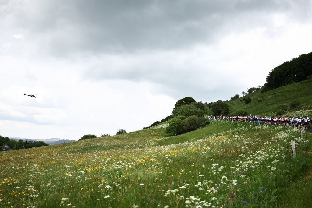 The pack rides during the first stage of the 75th edition of the Criterium du Dauphine