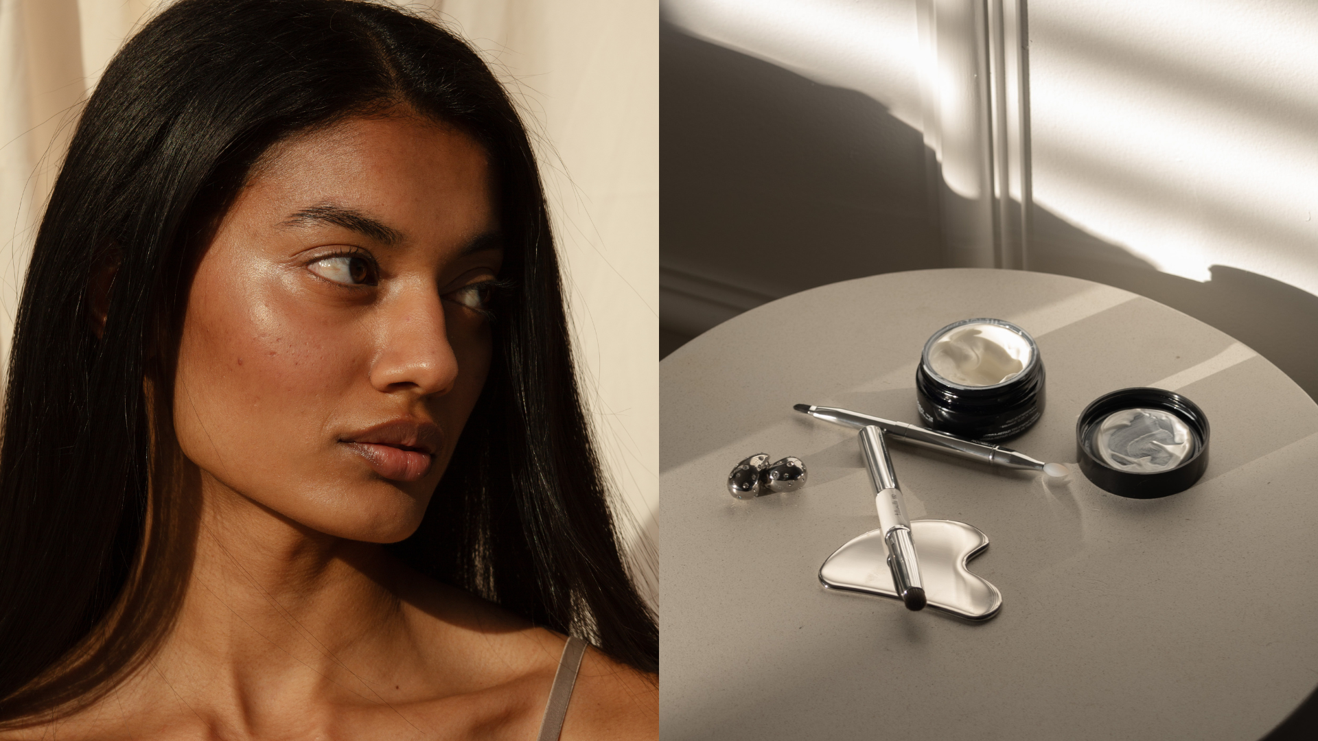 Photo collage of a woman with glowing skin and skincare tools 