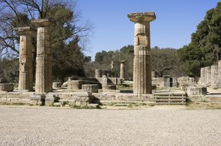 Ruins of the Temple of Hera in Olympia, Greece.