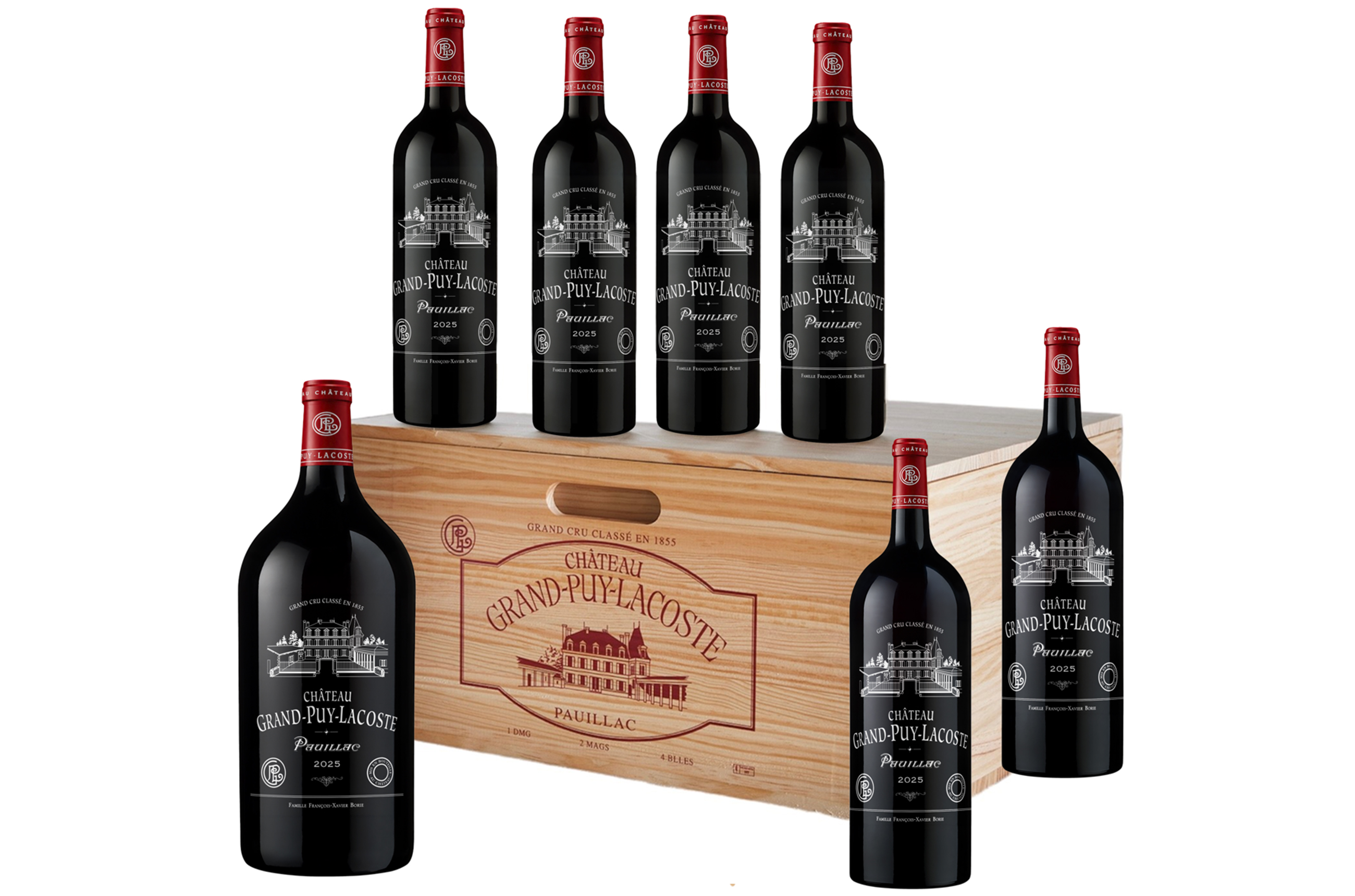 Wooden box with 'Ch&amp;acirc;teau Grand-Puy-Lacoste' with four normal sized bottles, two magnum bottles and one double-magnum bottle of red wine