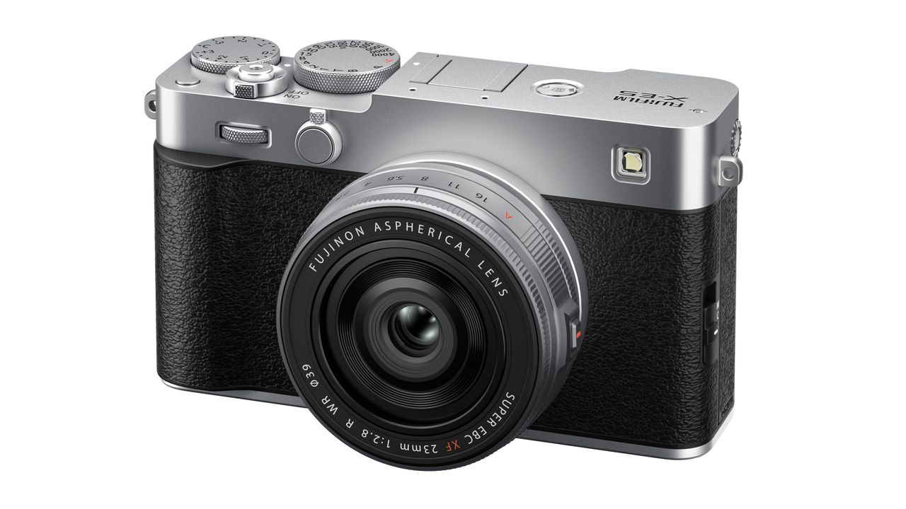 Fujifilm X-E5 camera on a white background