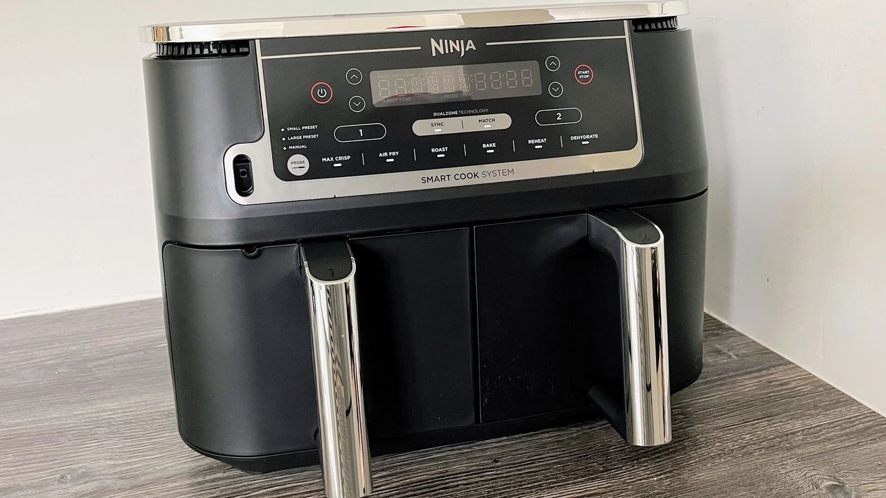 Ninja DZ550 Foodi 6-in-1 10-qt. XL 2-Basket Air Fryer being tested in writer's kitchen