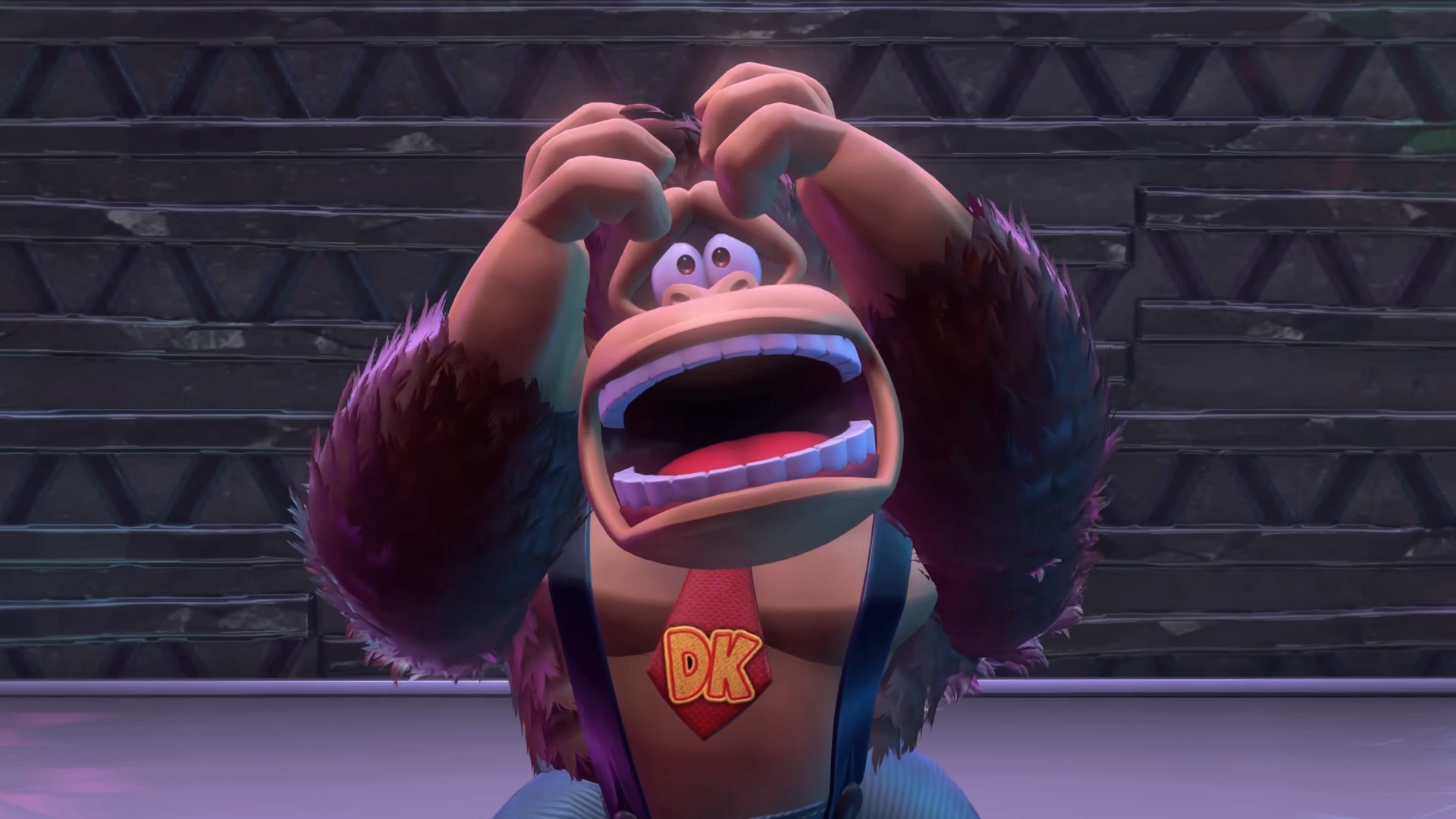 Donkey Kong in Donkey Kong Bananza shouts in shock