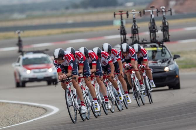 The Bissell cycling team rides in good form at the team time trial during the Tour of Utah.