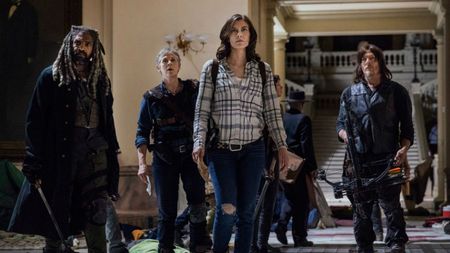 Maggie, Ezekiel, Carol, and Daryl in a scene from The Walking Dead season 9 premiere