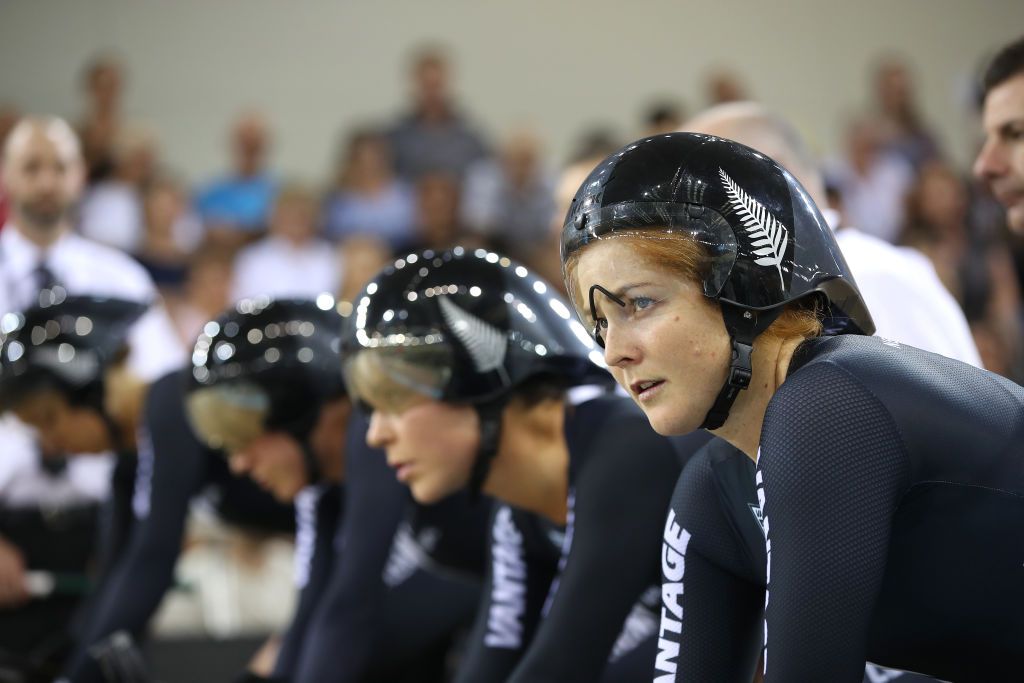 Kirstie James (New Zealand) prepares for a team pursuit run