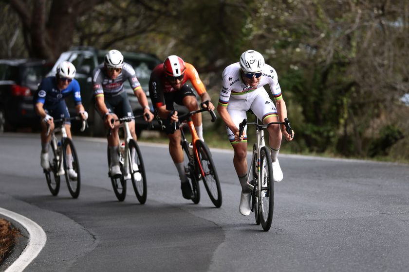 SANREMO, ITALY - MARCH 22: Tadej Pogacar of Slovenia and Team UAE Team Emirates competes during the 116th Milano-Sanremo 2025 a 289km one day race from Pavia to Sanremo / #UCIWT / on March 22, 2025 in Sanremo, Italy. (Photo by Luca Bettini - Pool/Getty Images)