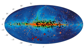 The positions of the newly detected four Fast Radio Bursts (FRBs) are marked as red asterisks in this map of the entire sky in galactic coordinates. The source of extragalactic radio signals has baffled astronomers. Image released July 4, 2013.