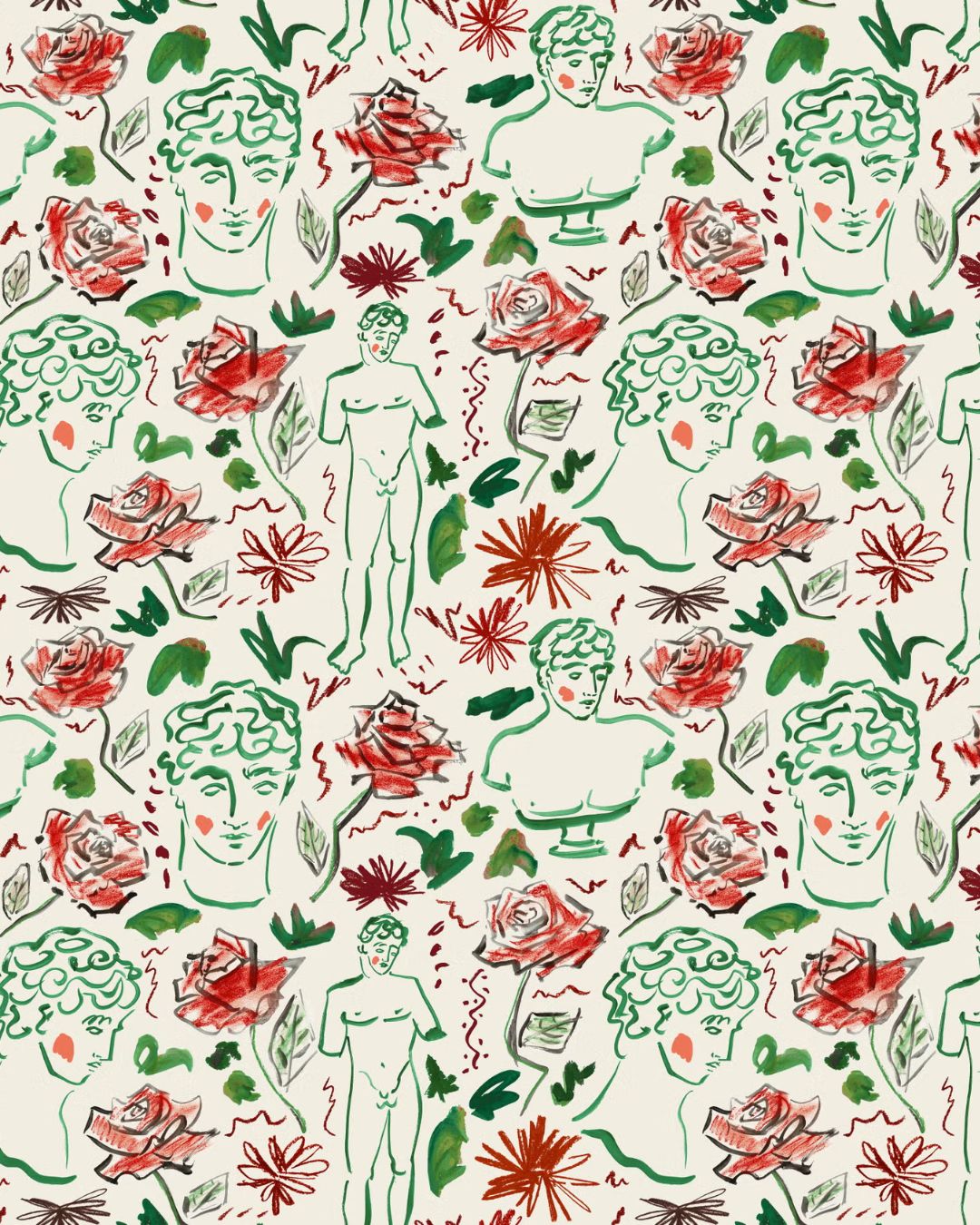Textile filled with hand-drawn marble busts and statues in green, surrounded by red roses and with red cheeks.