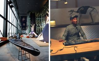 two portrait images side by side, left is view inside HQ for s-star and right image is pharrel williams behind a desk with a pair of jean in front of him