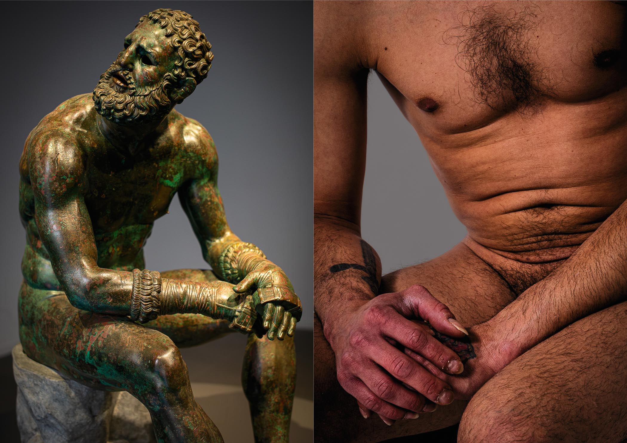 A diptych pairing a weathered bronze Hellenistic sculpture of a seated, battle-worn boxer against a grey background with a close-up of a seated contemporary male torso and clasped hands mirroring the statue's exhausted posture.