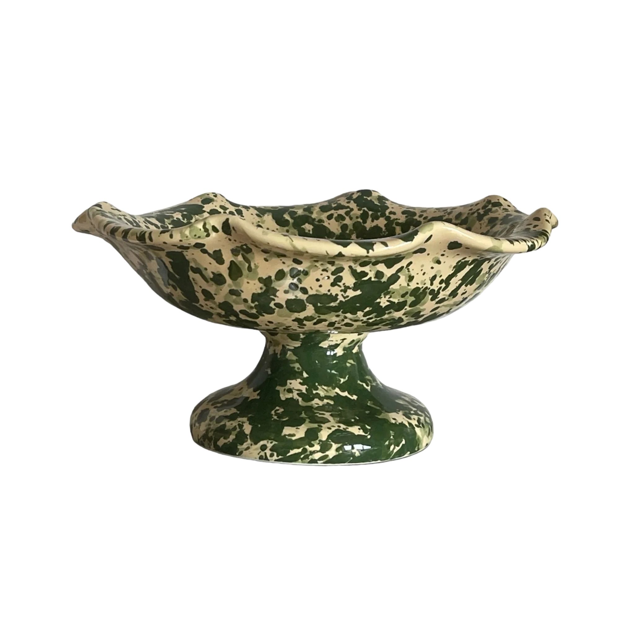 scallop-edged green and cream splatter pedestal ceramic