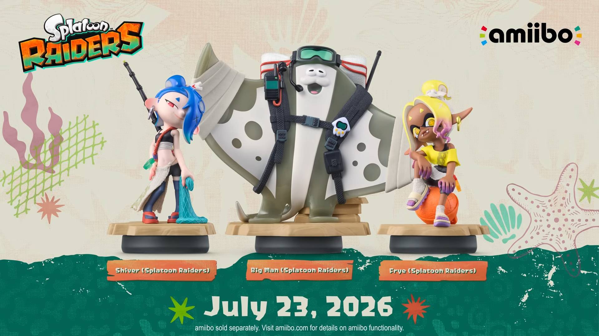 Screenshot from the Splatoon Raiders Nintendo of America YouTube video showing the three new amiibo figures.
