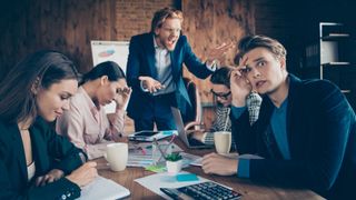 Close up photo business people he him his she her partners working office together mad raged chief angry anger yelling about losing big money dressed suits formal wear mistakes noting every word