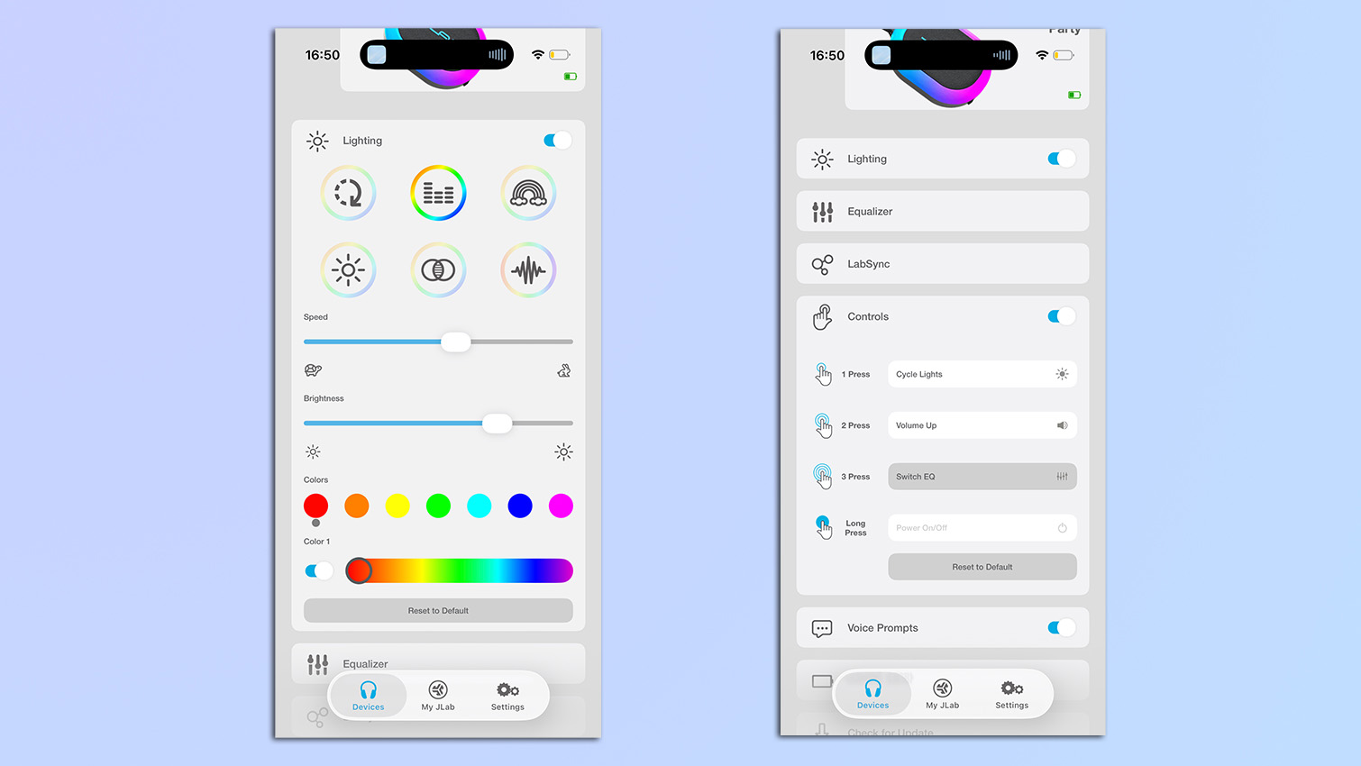 Screenshots from the JLab app taken when testing the JLab Pop Party Bluetooth speaker