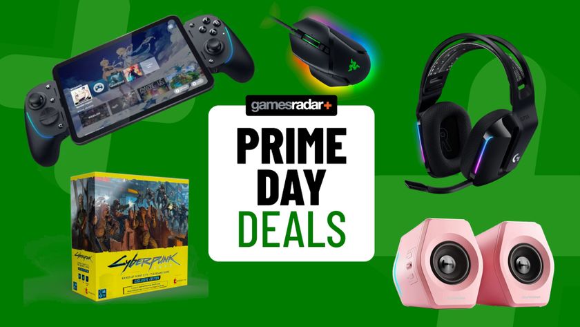Gaming gadgets and accessories on a green background with Prime Day deals badge