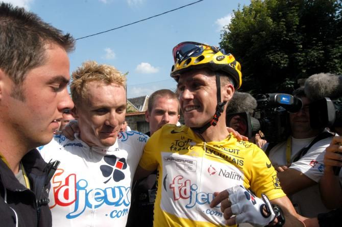 Baden Cooke with Brad McGee after winning Stage 2 of the 2003 Tour de France