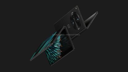 Leaked renders of the OnePlus V Fold in black on a black background