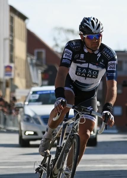 Alex Rasmussen, Team Saxo Bank after the finished line, claiming the victory ahead of Martin Mortensen, Vacansoleil