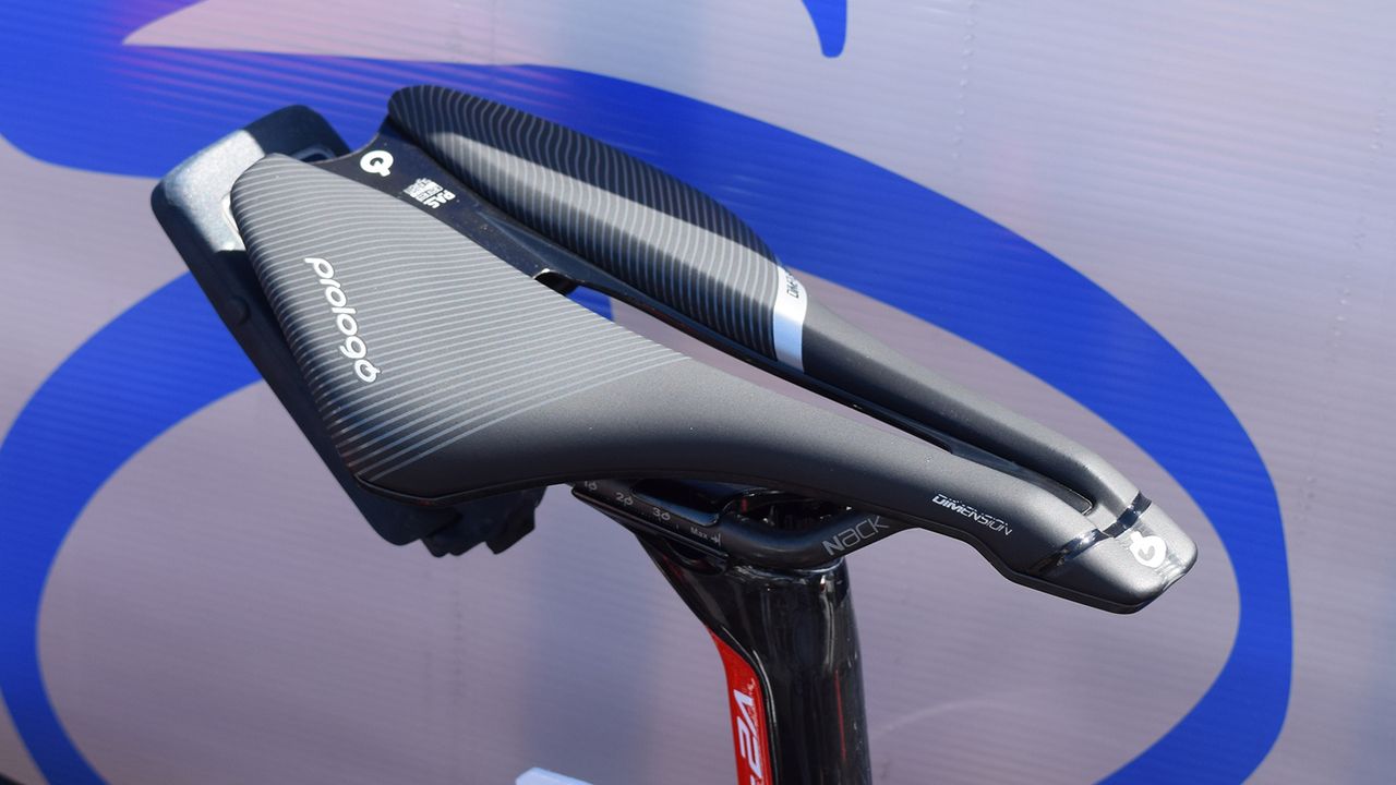 A UAE Team Emirates rider opts for a short Prologo Dimension saddle