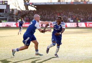 Isaac Buckley-Ricketts of Macclesfield celebrates scoring his team's second goal with teammate Josh Kay during the Emirates FA Cup Third Round match between Macclesfield and Crystal Palace at Moss Rose Ground on January 10, 2026 in Macclesfield, England.