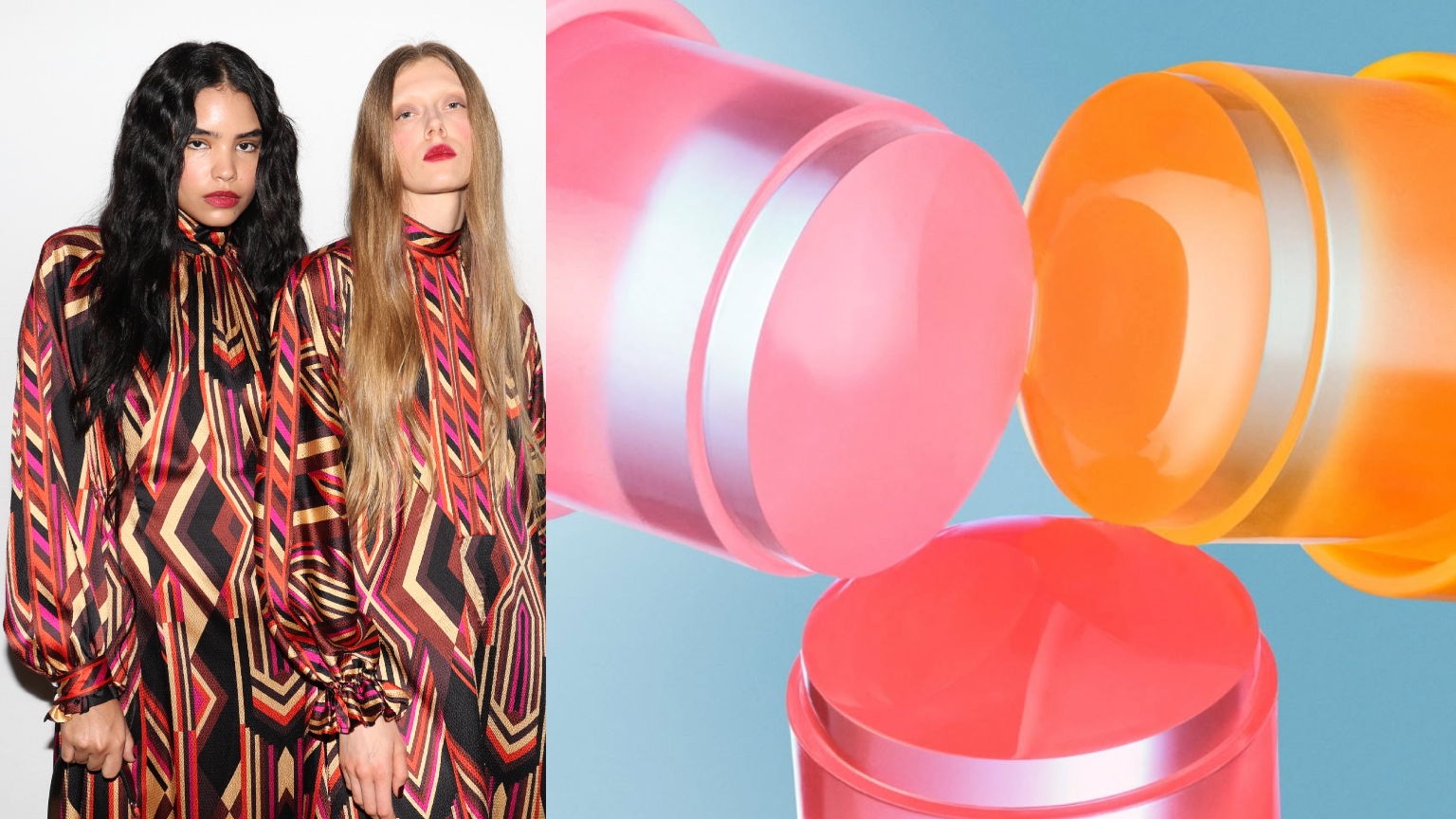 two women in red and black clothes next to three tubes of jelly perfume in red pink and yellow