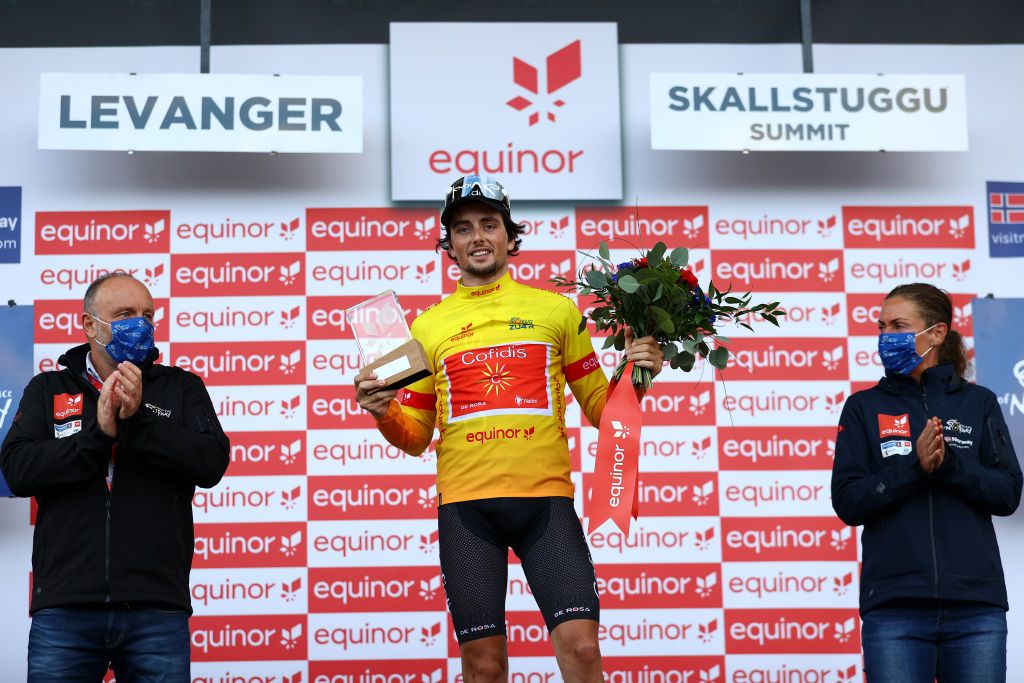 SKALLSTUGGU NORWAY AUGUST 13 Victor Lafay of France and Team Cofidis celebrates at podium as Yellow Leader Jersey winner during the 9th Arctic Race Of Norway 2022 Stage 3 a 1777km stage from Namsos to Skallstuggu 474m ArcticRace on August 13 2022 in Skallstuggu Norway Photo by Michael SteeleGetty Images