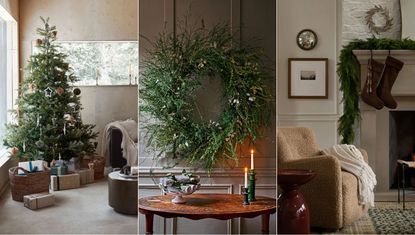 Minimalist Christmas decor ideas. Minimalist christmas tree, large christmas wreath, cozy christmas living room.