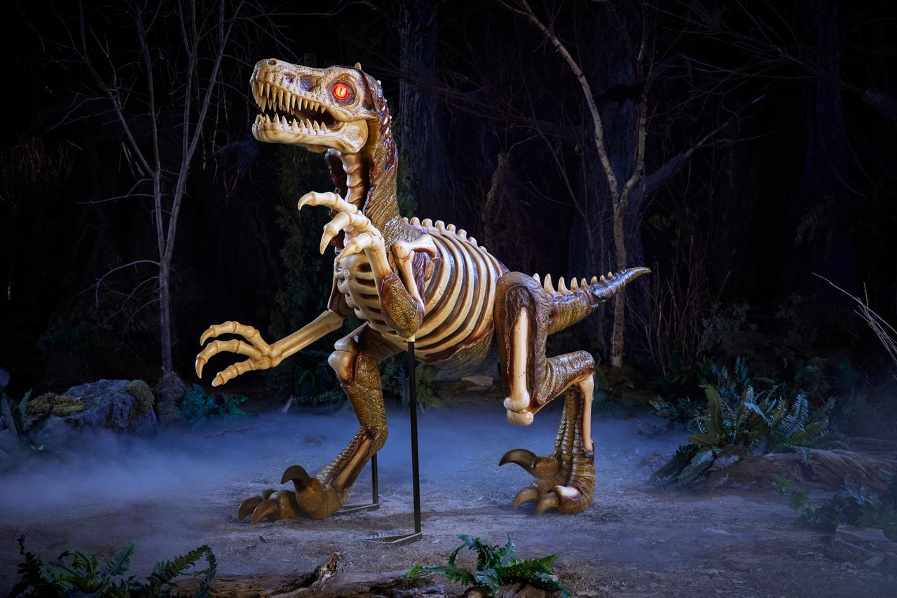 8 FT Long Grave &amp; Bones Giant-Sized Animated LED Zombie Velociraptor.Jpg