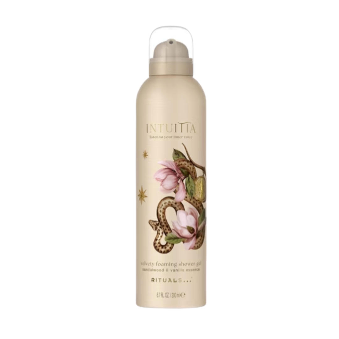 A product shot of the Rituals Limited Edition Intuitia Velvety Foaming Shower Gel, on a white background