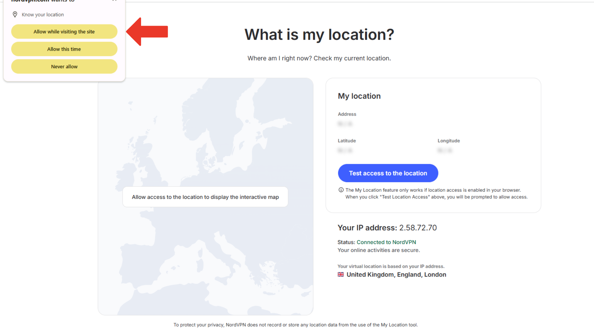 Screenshot of NordVPN's My location site