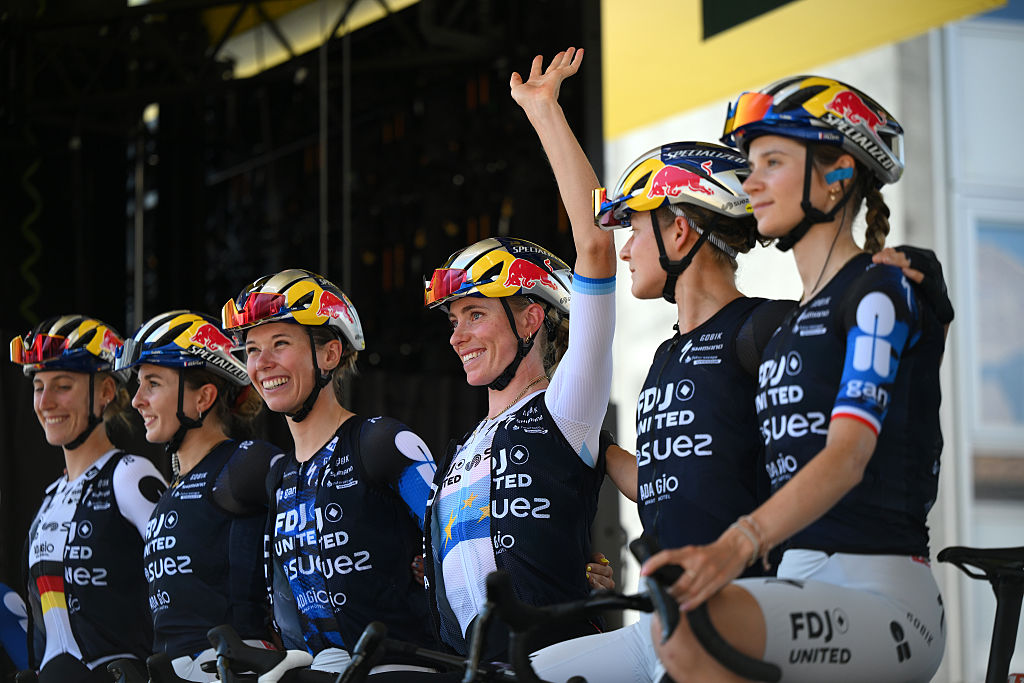 AIGLE, SWITZERLAND - AUGUST 02: (L-R) Marie Le Net of France and Demi Vollering of Netherlands and Team FDJ United - SUEZ prior to the 5th Tour de France Femmes 2026, Stage 2 a 147.9km stage from Aigle to Geneva / #UCIWWT / on August 02, 2026 in Aigle, Switzerland. (Photo by Alex Broadway/Getty Images)